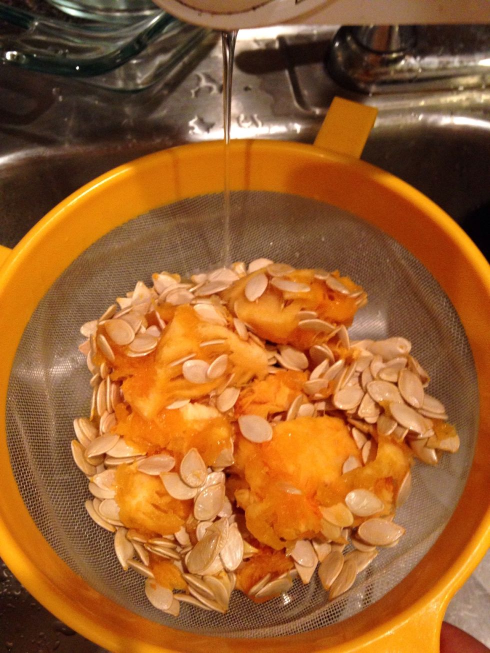 The night before, you want to gut your pumpkin(s) & separate the seeds from the guts. Don't stress about getting out every single piece of pumpkin, because it's, like, impossible. \ud83d\ude09