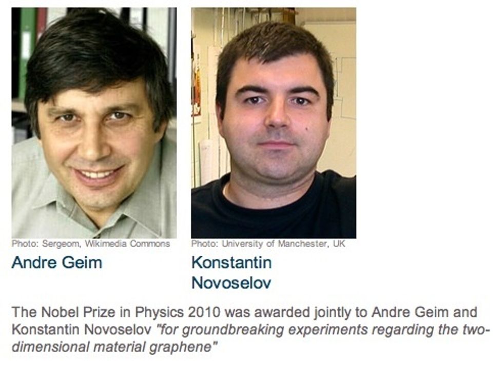 The Nobel Prize in Physics for 2010 was awarded to Andre Geim and Konstantin Novoselov at the University of Manchester "for groundbreaking experiments regarding the two-dimensional material graphene"