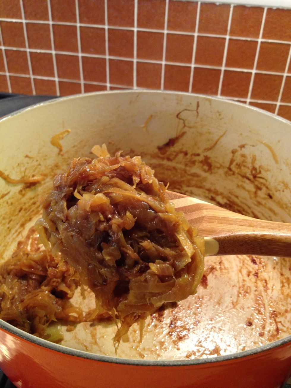 The onion should be golden brown . The onion should have shrunk.