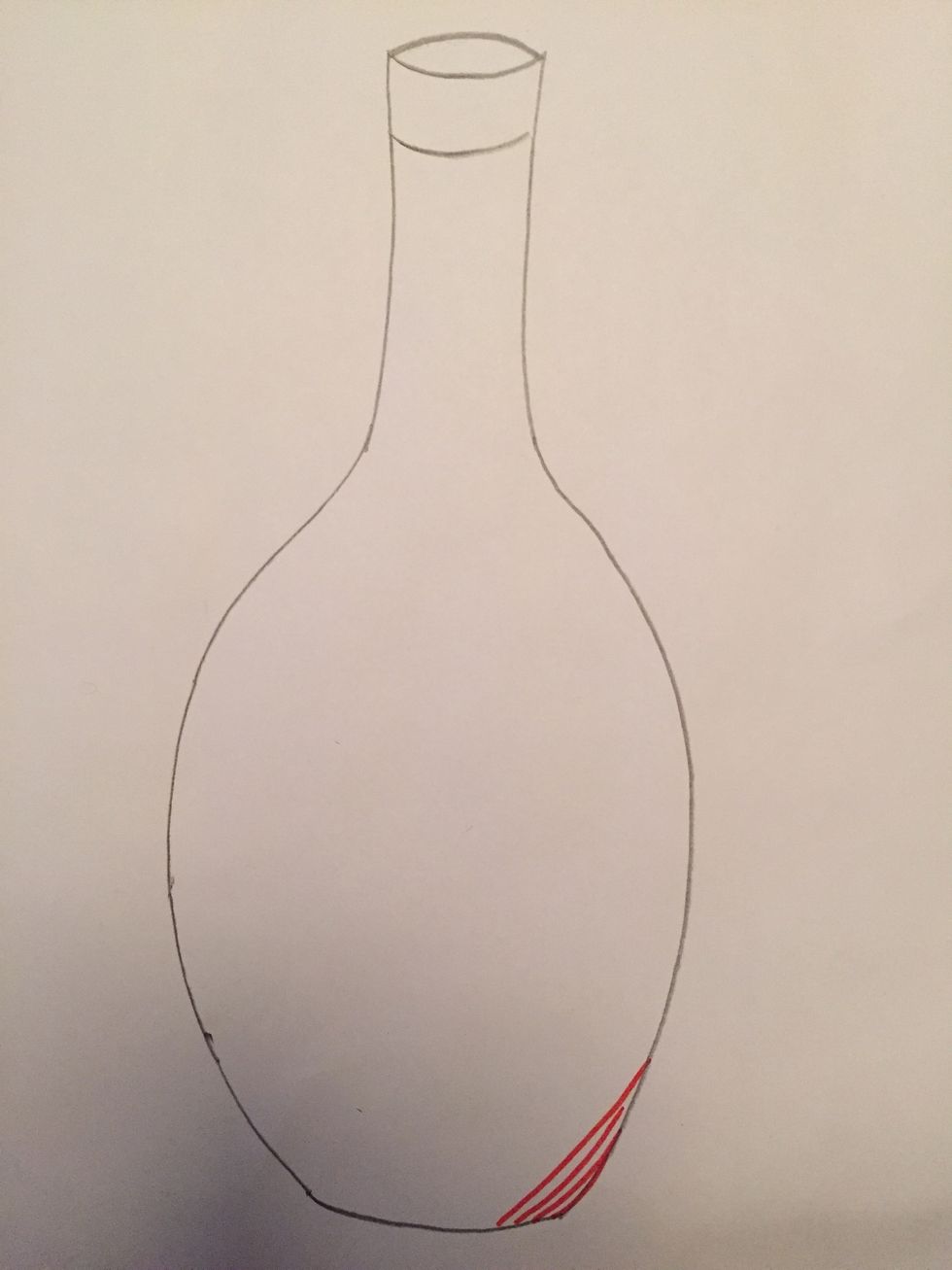 The pen and ink technique you will be trying is called cross hatching. You will begin by creating value with long lines first. These lines should curve like the edge of your bottle.