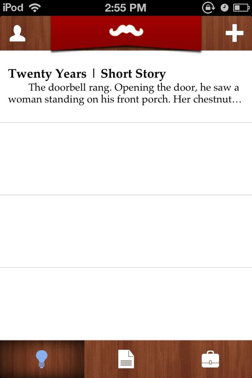 The "person" button is Settings, the "plus" adds a new idea. Bottom bar: Ideas, Projects, and Portfolio.