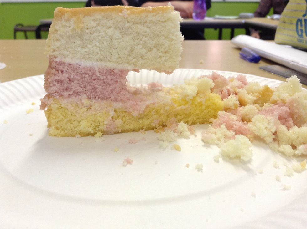 The pink layer is eroded again leaving the top layer to have nothing to rest on. There is also a PLATFORM of rocks (from the eroded cliff) at the same level as the Bottom layer.