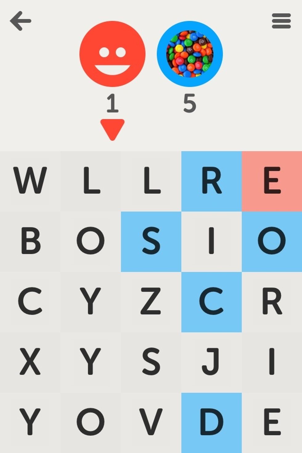 The point of the game is to use all the tiles (between you two) and to have your color dominate. You can use faded tiles in a word. Any tiles already blue are unchanged if you use them.