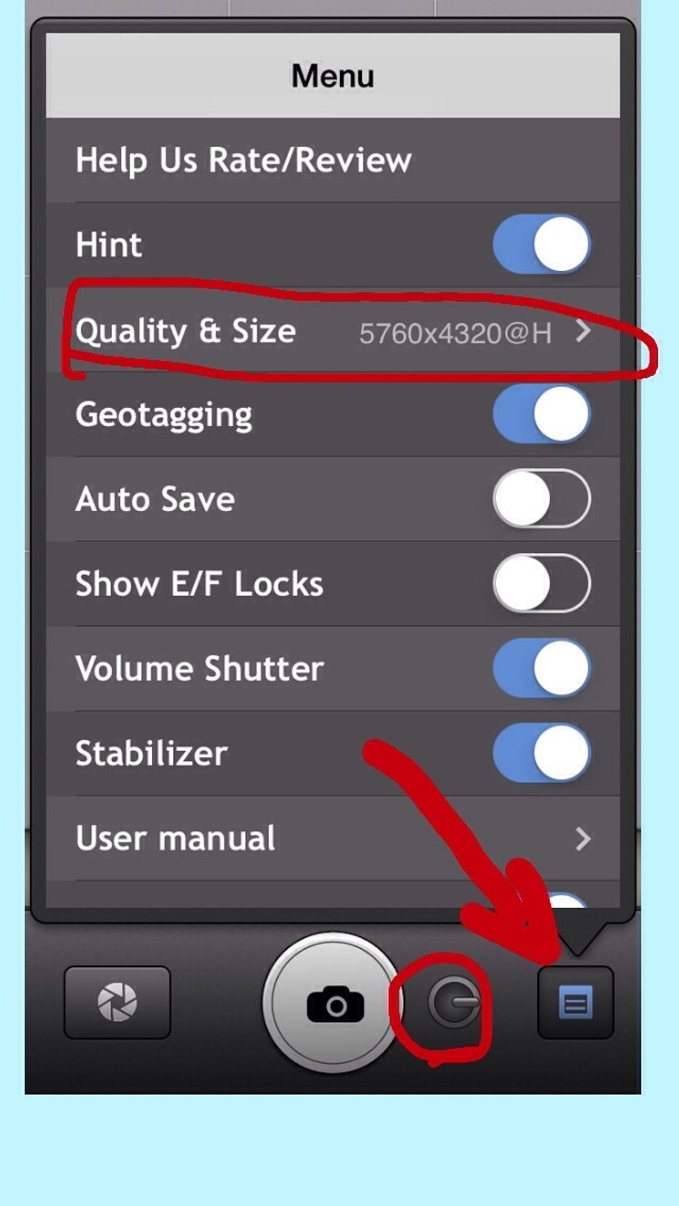 The preferences under the menu (far right) can be adjusted to your preference, but I highly suggested choosing the highest quality image. Next, choose the mode. (Circle icon) Tap to see whole image.