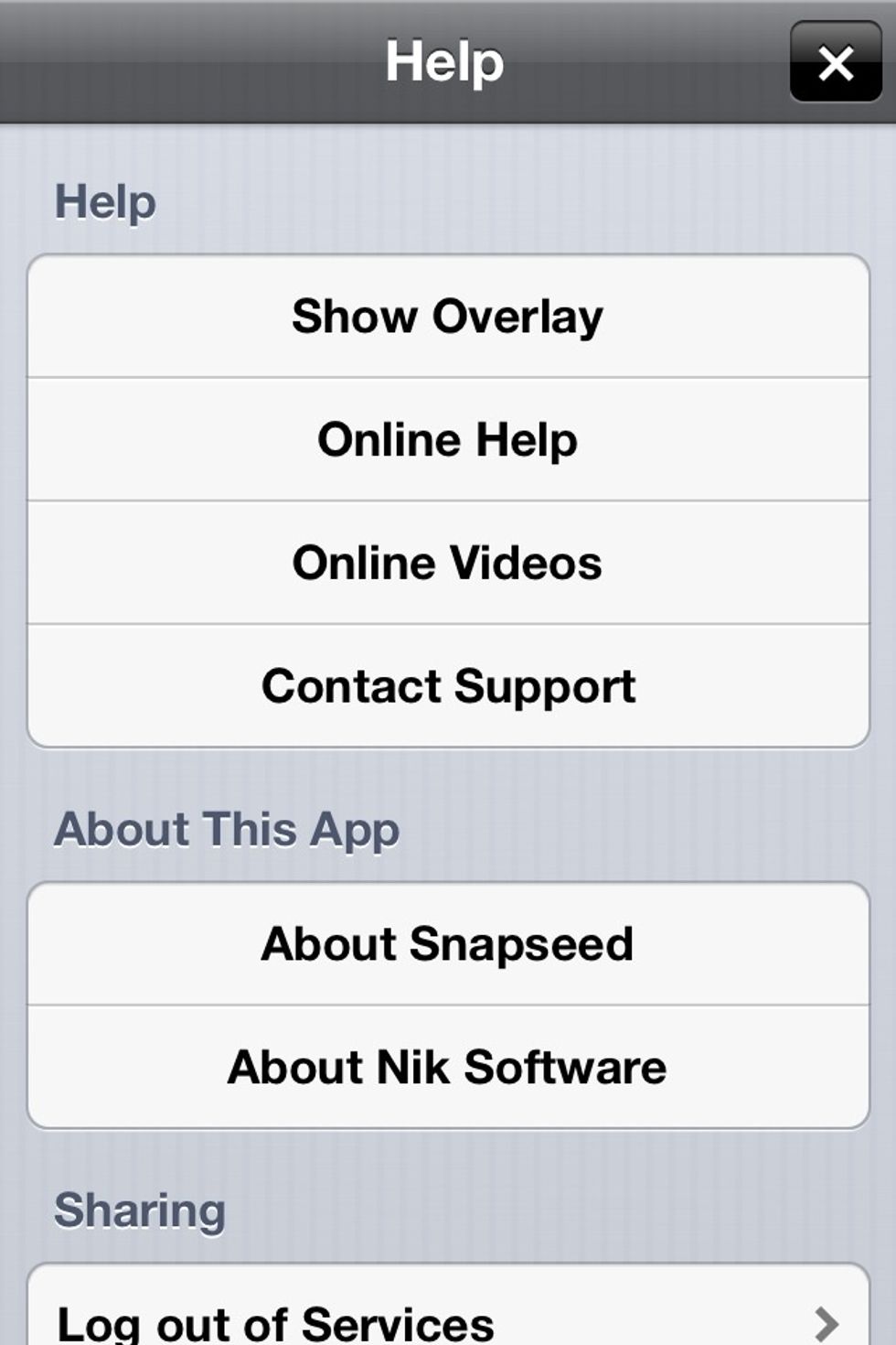 The question mark on the right side reveals the "Help" menu.
