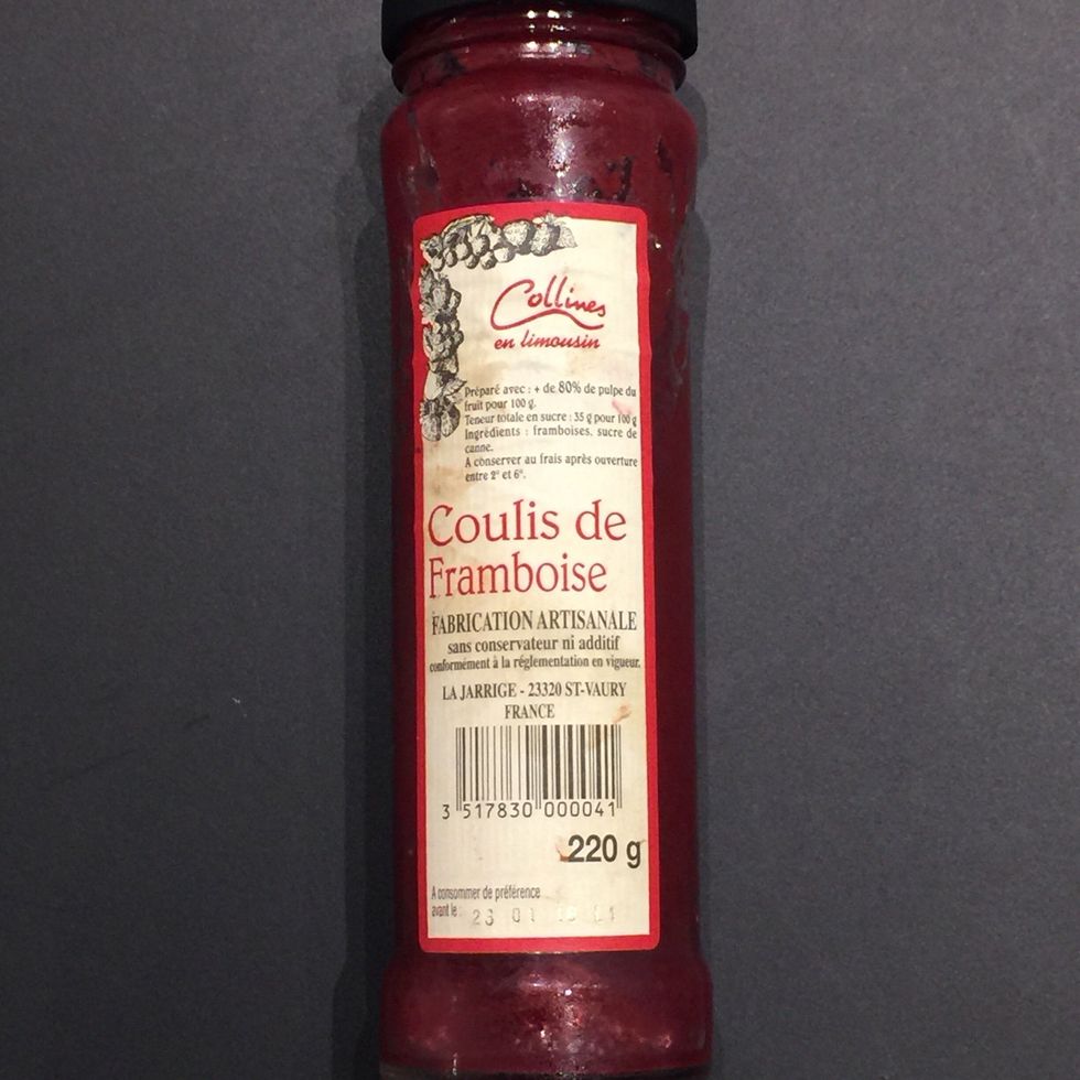 The raspberry sauce is bought but one can easily make it at home. In a food bender reduce raspberries to a thick sauce then strain.. Ready