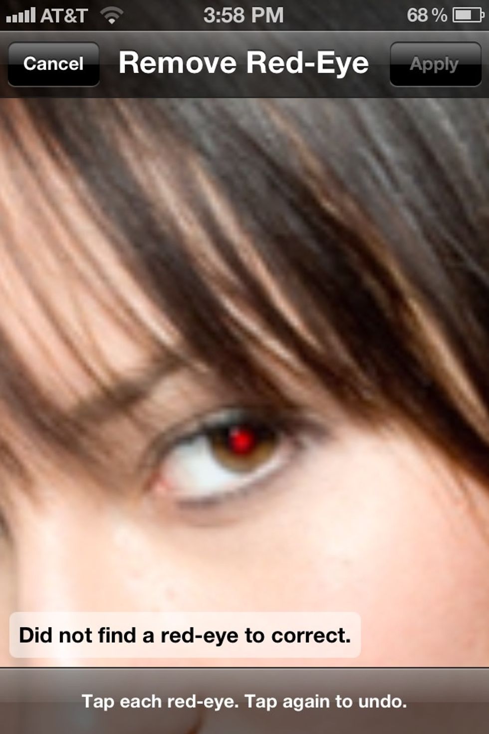 The red eye tool doesn't seem to work very well on all images. But it's worth a try and it's not a bad feature. Just needs improvement in my opinion.