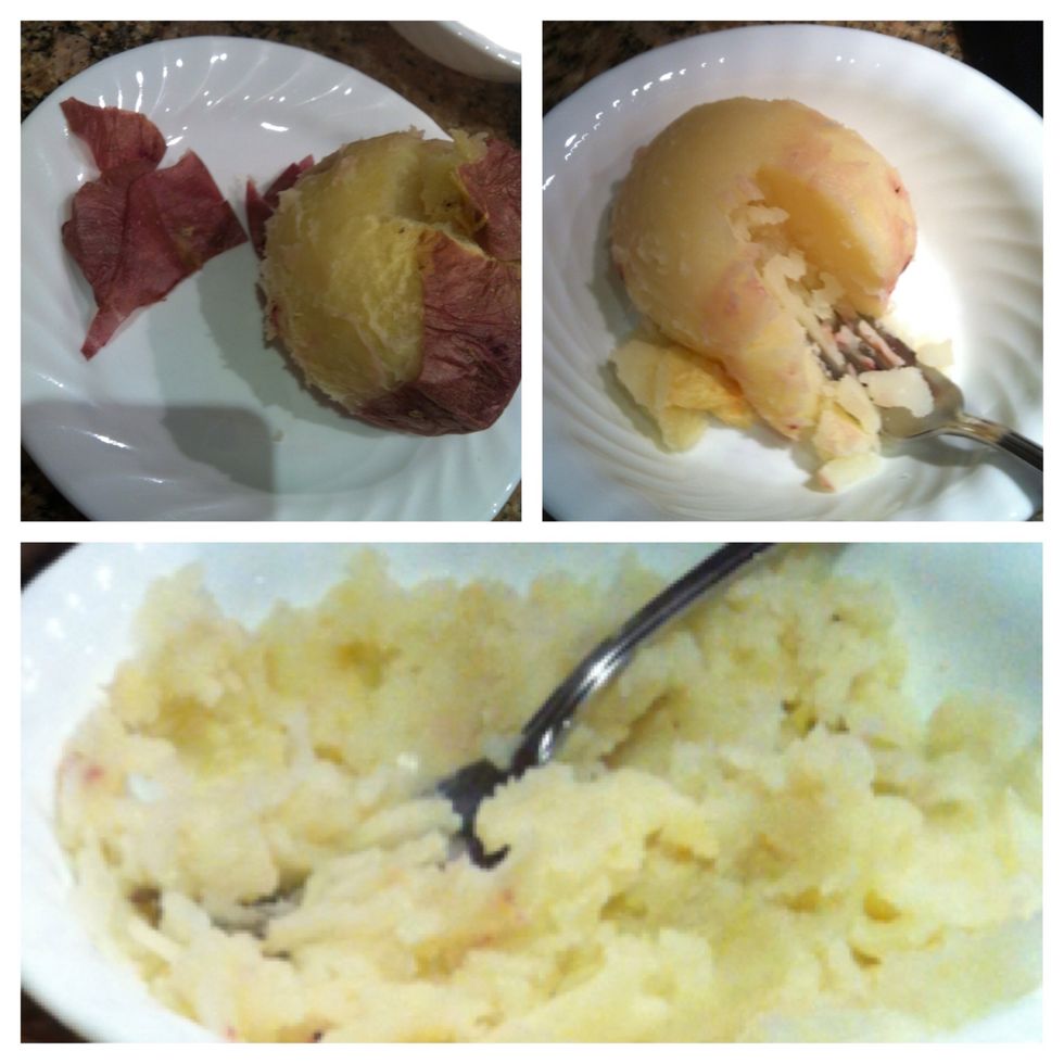 The red potato should be done by now.  Peel the skin off and mash it with a fork.