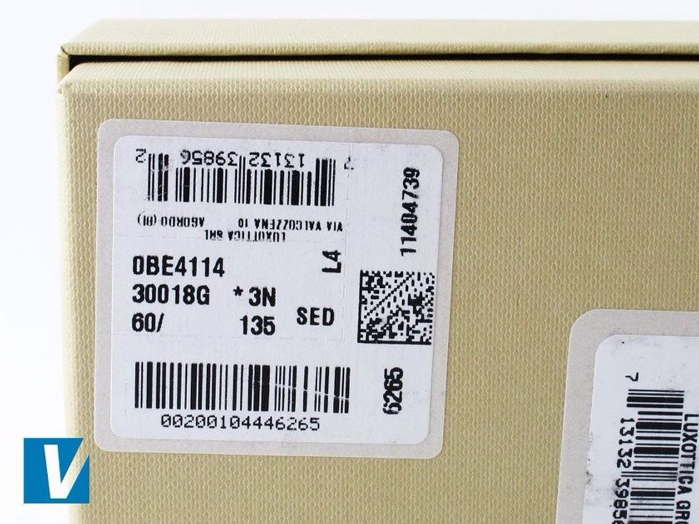 The retail box label details manufacturer information and a barcode. Check, where applicable, these details match the same details located on your sunglasses.