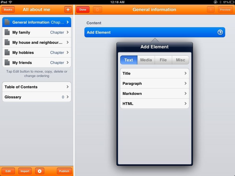 The right side is for adding content to your book. Click 'Add element' to add text, media, files, links etc.