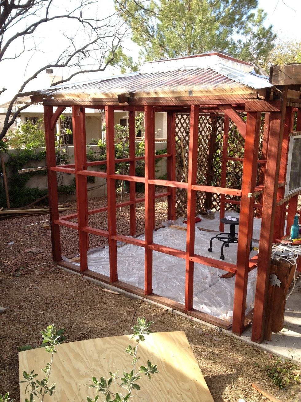 The roof is finished. I stained the studs.