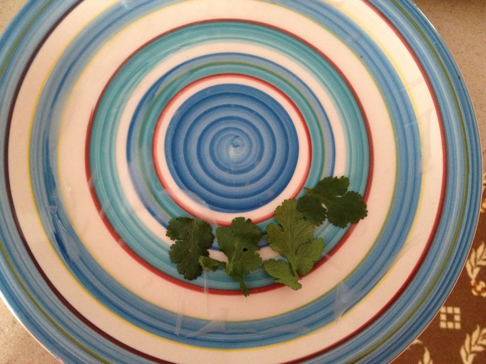 The rule is "pretty stuff on the outside." So place a few cilantro leaves about 1-2" away from the edge.