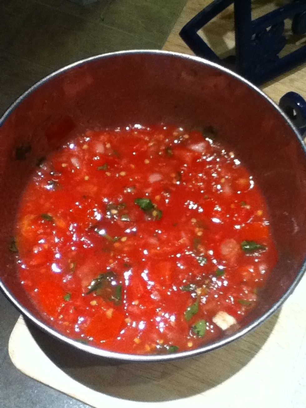 The salsa should look like this, everything can be stirred at this point or whenever you add an ingredient. This is my recipe so if you taste it and want to add more of something it is easily modified