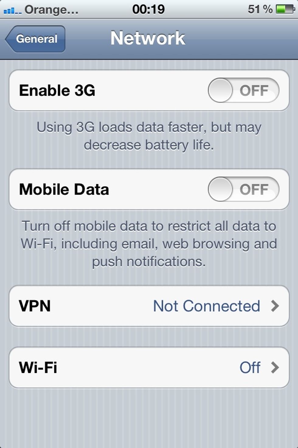 The same applies for Mobile Data just swipe left over the ON button to the right of it to turn it OFF & swipe right over it to turn it back on. Back to the general settings.