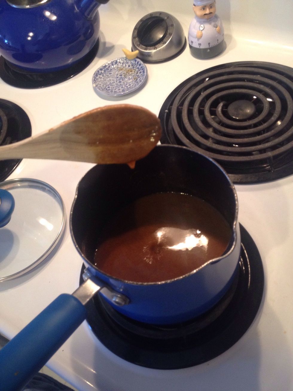 The sauce can come off the heat once it has thickened to a syrupy texture.
