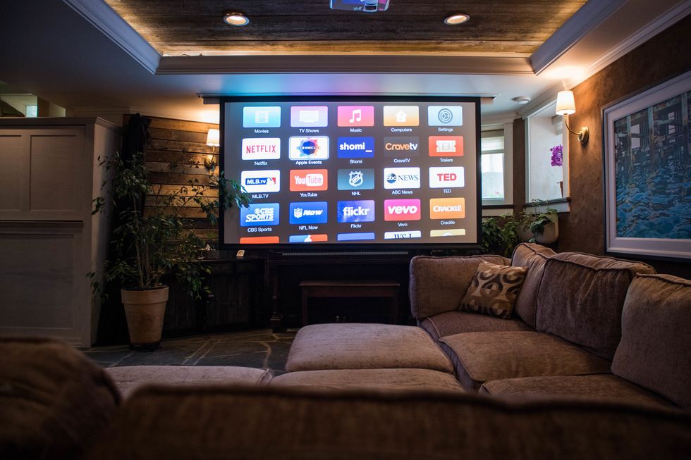 The screen, projector, Apple TV and BOSE sound system should automatically turn on and should be ready for use
