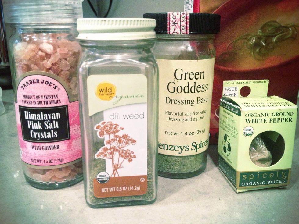 The seasonings. All optional, of course... "Green Goddess" contains dill, basil, green onion, sugar and garlic. (It's my fave, and I'm a little obsessed with it) You can order it from www.penzeys.com