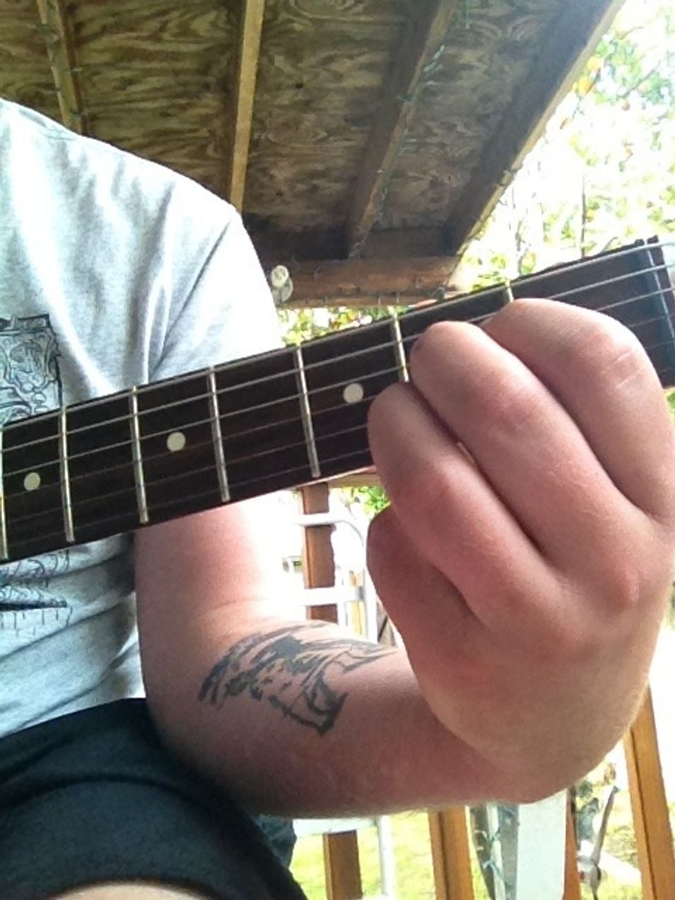 The second chord is "A." Fourth string second fret, third string second fret, and finally second string second fret.