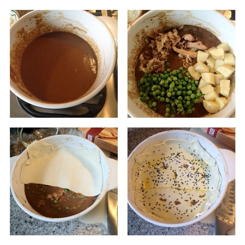 The second dish: leftover sauce with the rest of the chicken, potatoes and peas.Cover with puff pastry, baste with egg and sprinkle some nigella seeds. Bake for 30 minutes at 375f Serve with salad.