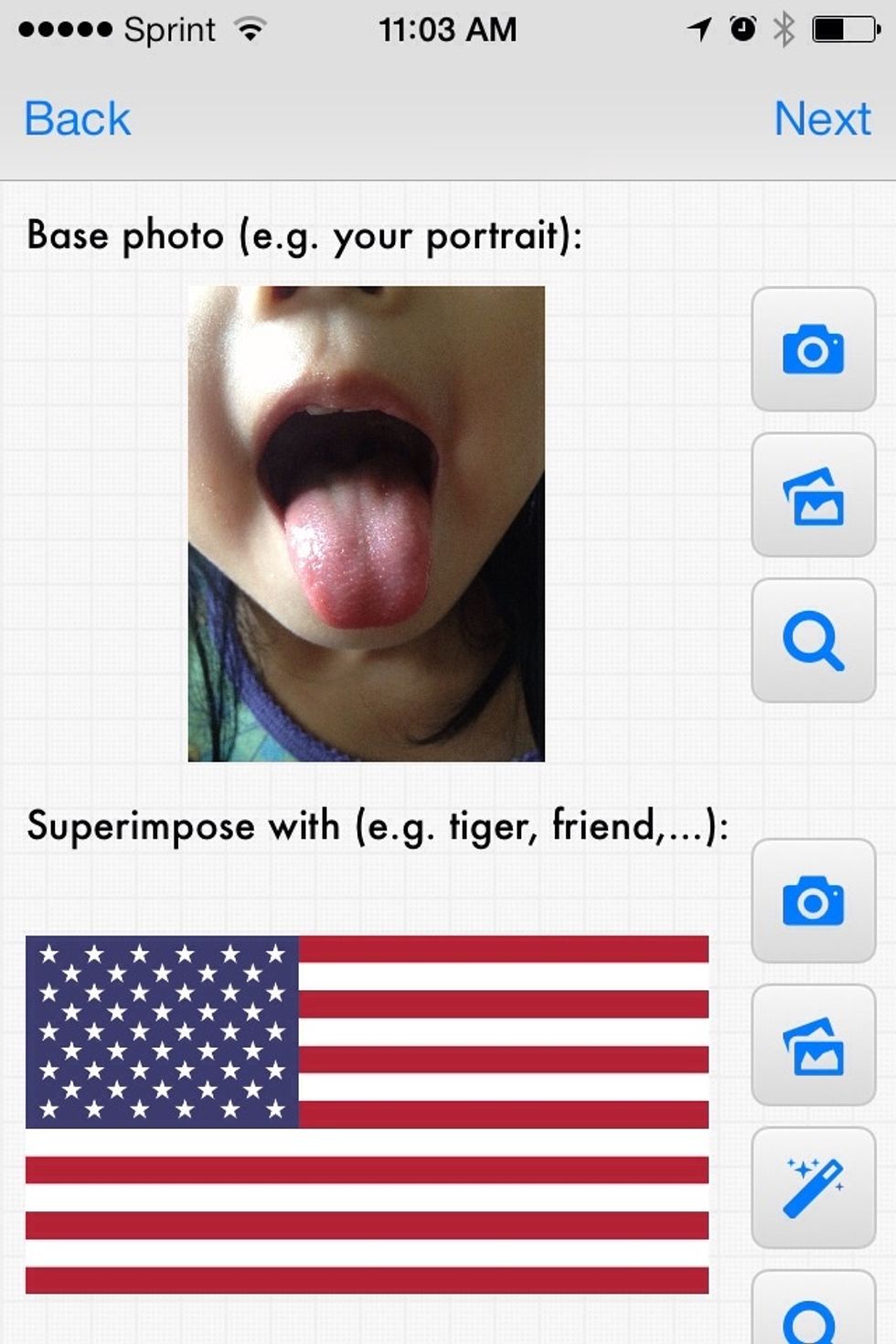 The select the second picture to blend. Tap on the magic wand button there are lots of images there, if you can't find ideal image there you can also search from the web. Here we picked an US flag.
