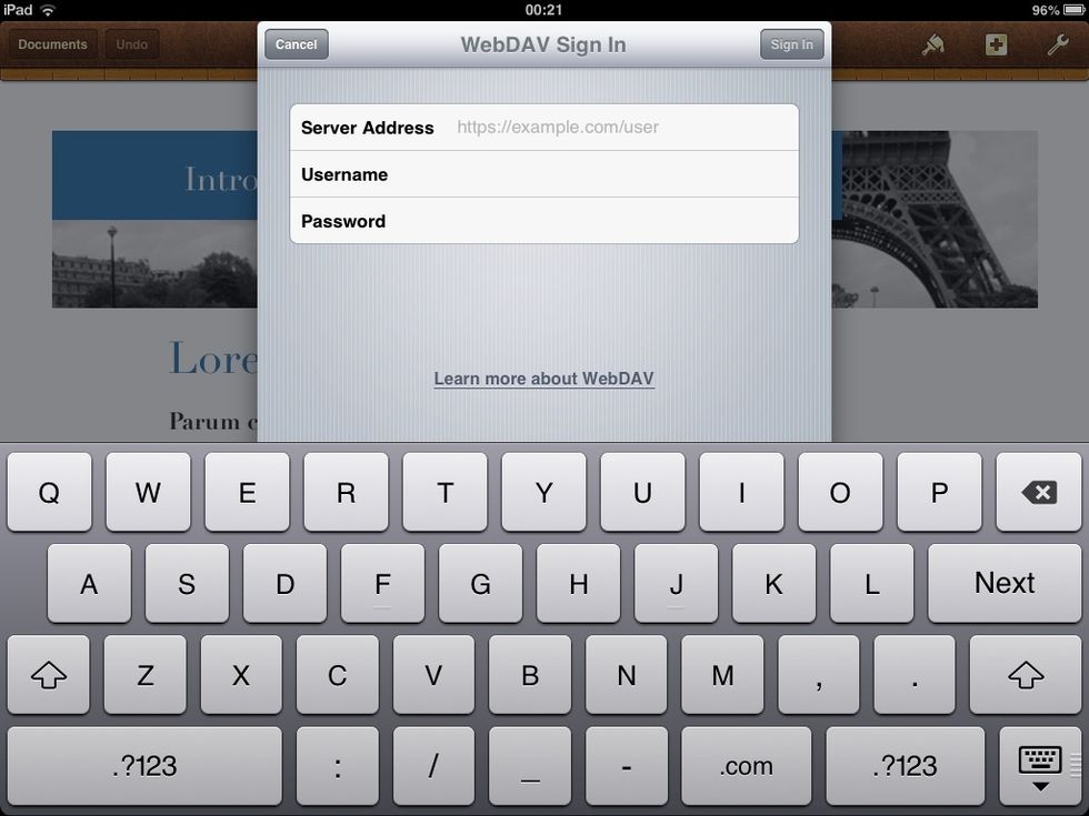 The server address (in the top window shown above) is simply the name of teacher's iPad followed by .local. For this to work the teacher needs to have Documents Pro open on their iPad .