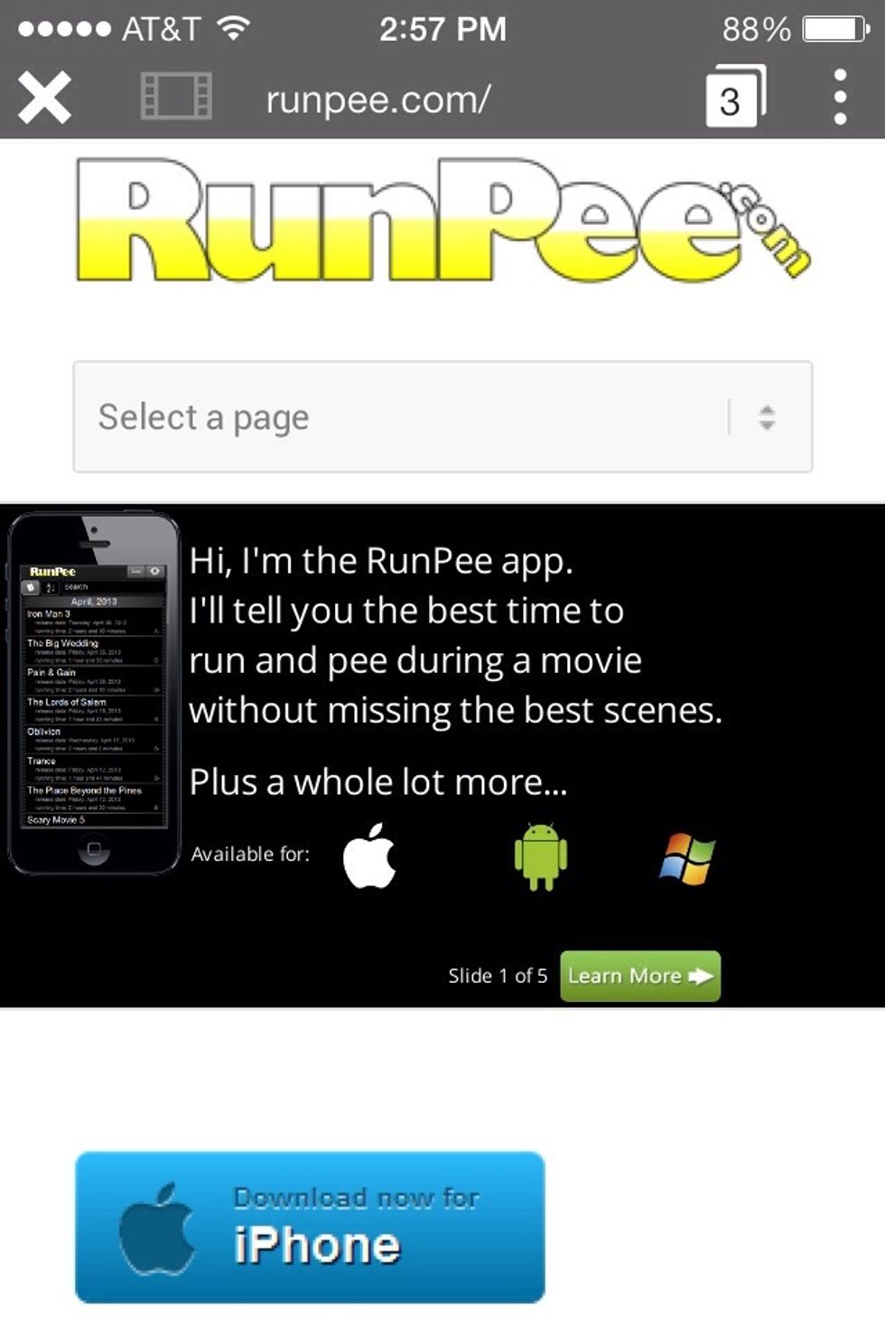 The service is called RunPee.com. The site is free but the app is $0.99. The app has some extra features that can be fun and helpful.