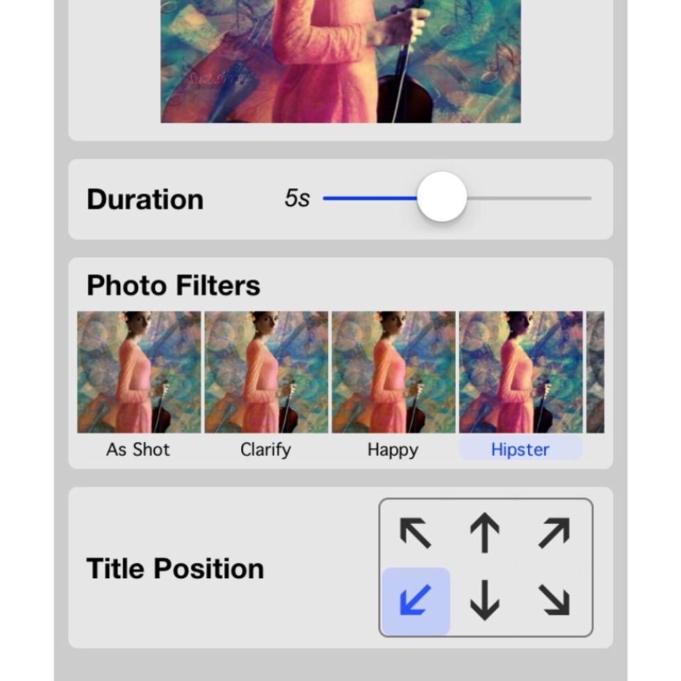 The settings menu also enables you to control the placement of the title, which is optional for every image.
