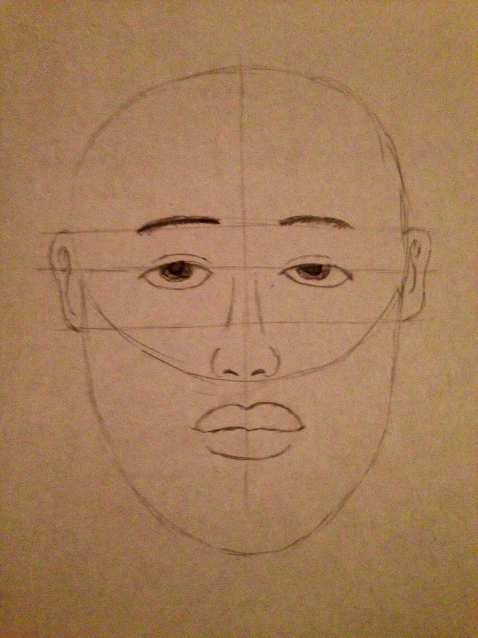 The seventh step is to draw your ears, all three of the horizontal lines should be the size of your ears and the last two lines are for you people with smaller ears. The ears are like ovals.