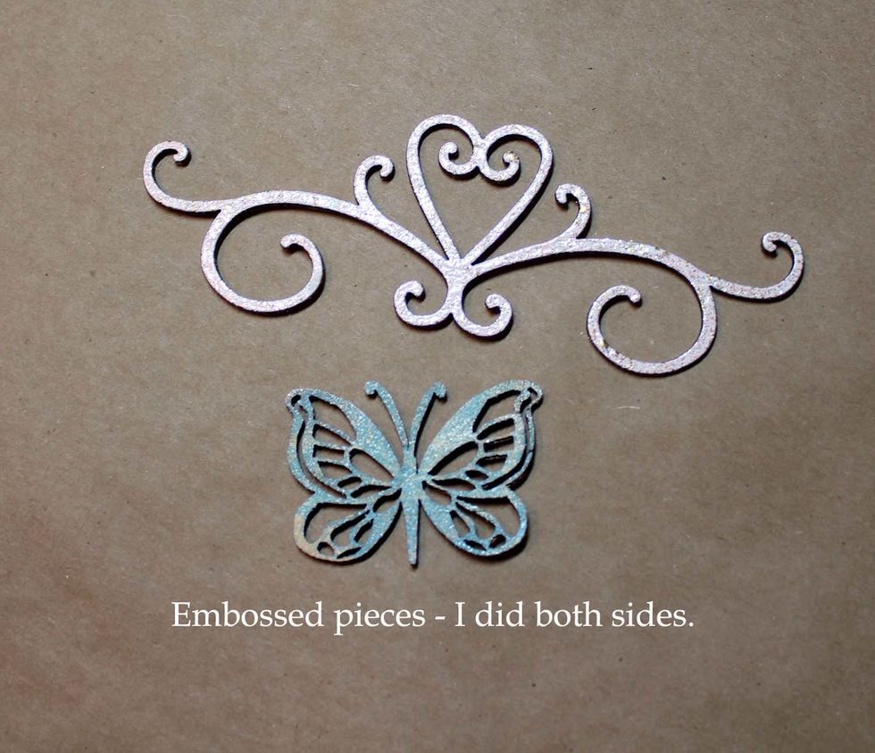 The Shabby Pink is a lustrous pink background with gold chunks...beautiful. The distress enamel leaves that shabby chic worn look. I wanted small touches of blue in the layout.