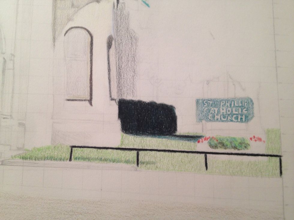 The shadow on the grass is individual darker green strokes to create a real grass effect