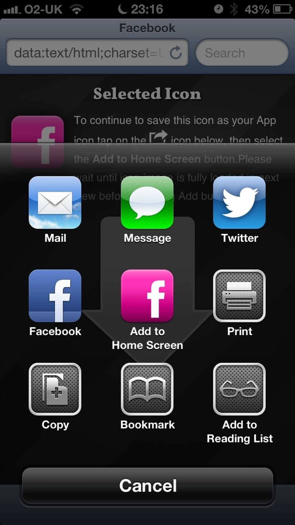 The share sheet will now pop up and you will see your selected icon waiting for you to add it to your Home Screen.  Tap the icon in the middle to add it now.