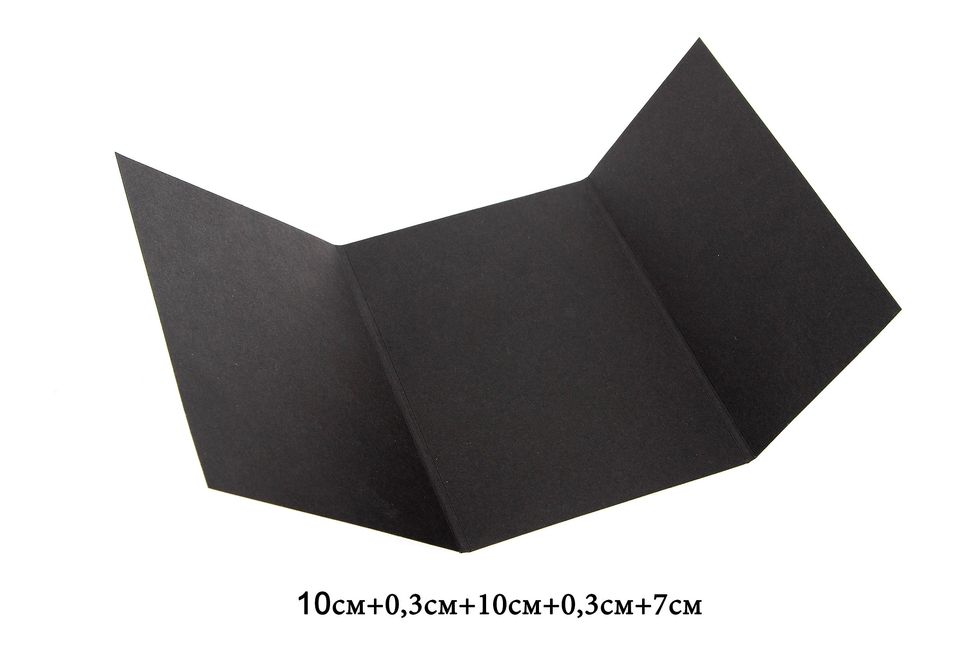 The size of a folded postcard is 10\u044515. We take black carton as a base and score it to the following sizes: 10\u0441\u043c+0,3\u0441\u043c+10\u0441\u043c+0,3\u0441\u043c+7\u0441\u043c