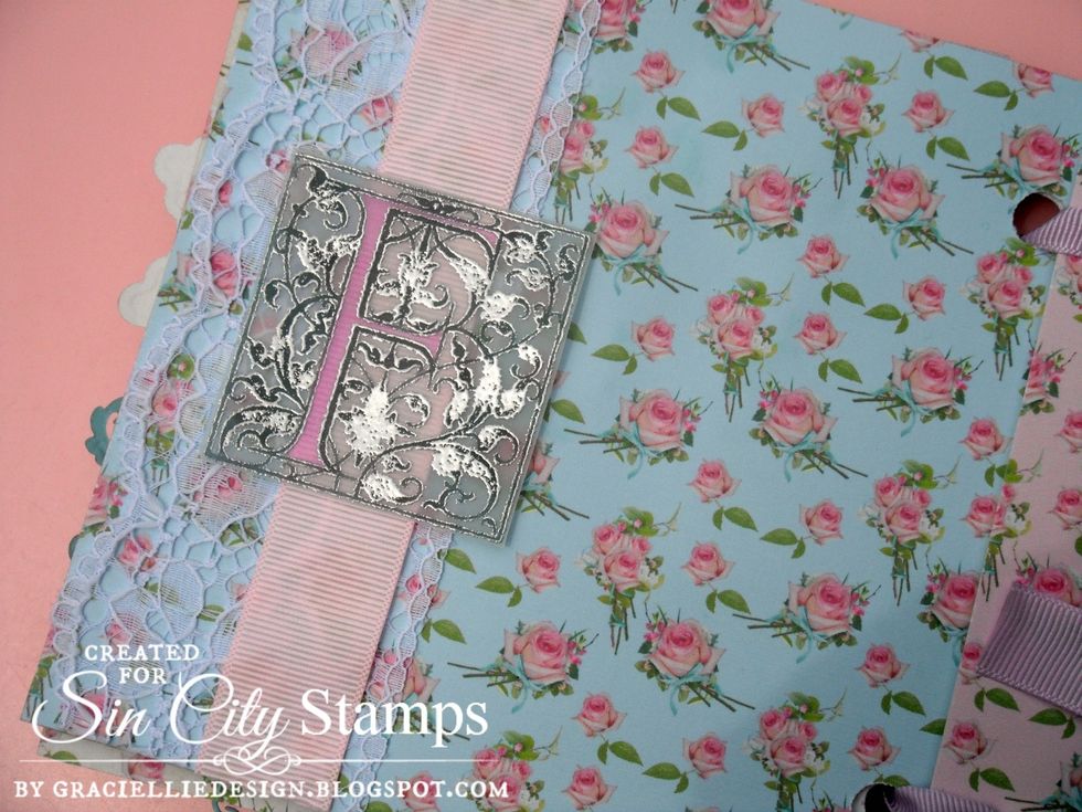 The smallest vellum letter, also colored with an alcohol marker, was used to decorate a lace and ribbon border on this page.