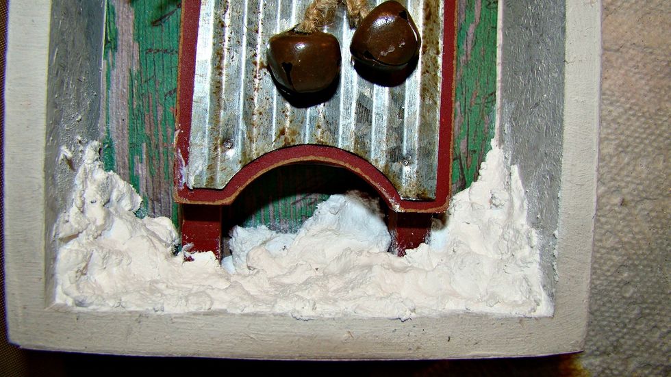 The snow was created mixing equal parts of Sorbet Cotton (white acrylic paint), baking soda, and school glue, MIx until proper consistency and apply to project, sprinkle with clear glitter.