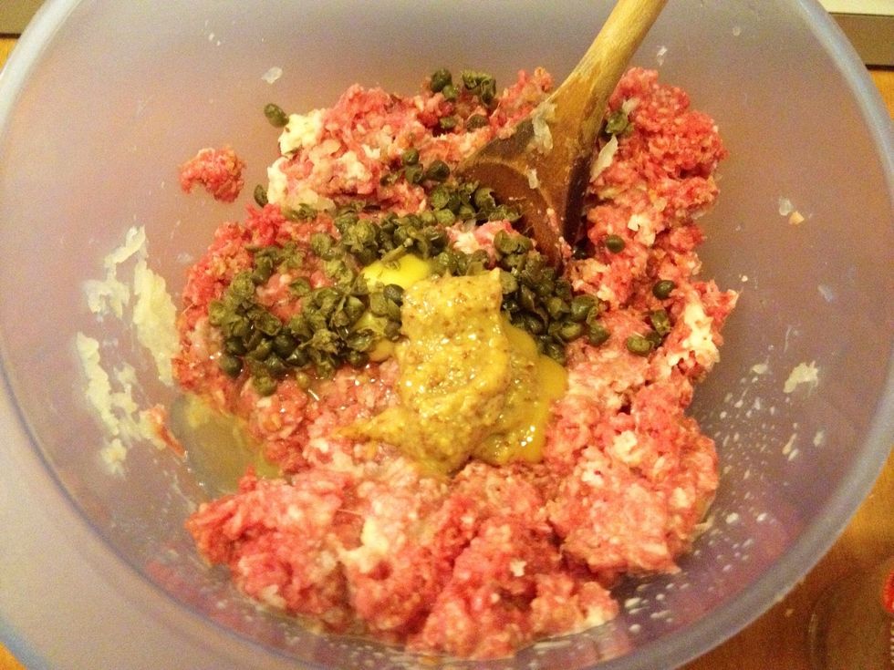 ..the soaked bread, capers, egg, mustard and salt.