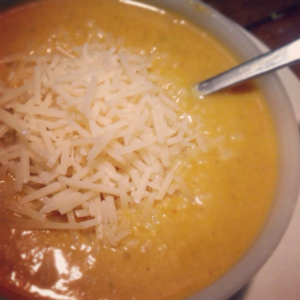 The soup is ready to enjoy! Serve in large bowls and garnish with fresh Parmesan cheese. You can also garnish with a sprig of mint. Mint and curry are delectable complements.