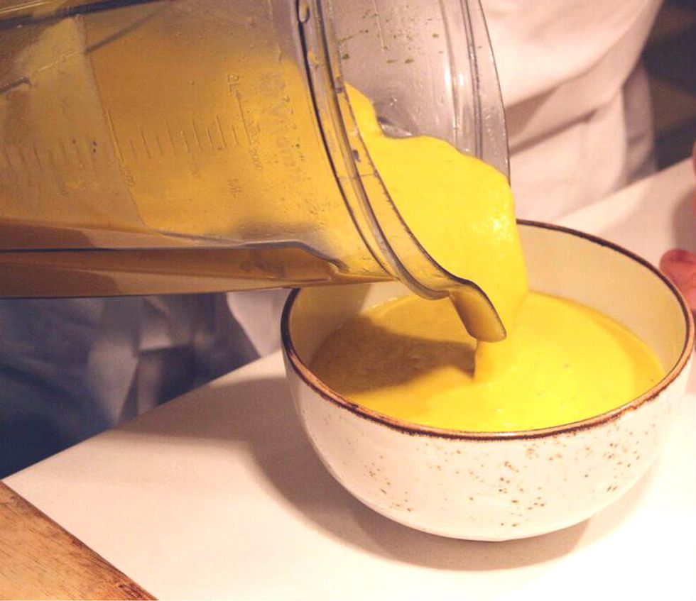 The soup may be poured after pureeing.