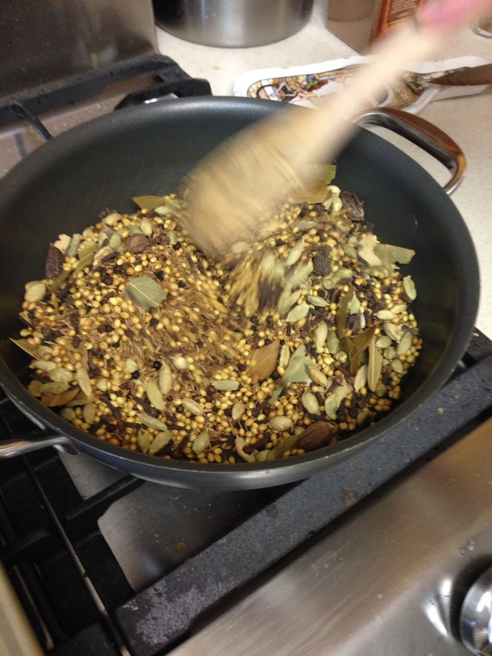 The spices should be fragrant and well toasted in about 15-20 minutes. Be careful not to over cook as the spices will have a bitter taste.