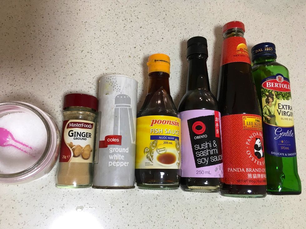 The spices that you need from left to right: Salt, ginger, white pepper, fish sauce, soy sauce, oyster suace and olive oil