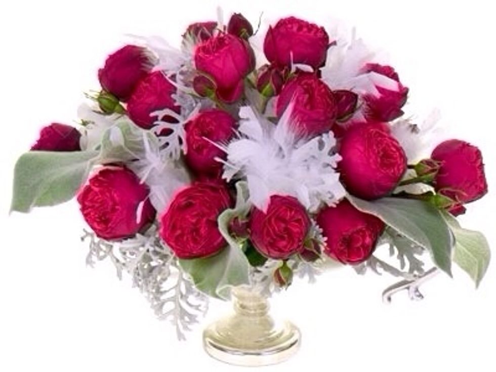 The star of the show, red piano garden roses! Place them in a radial format, tucking some low towards the foam, and draping over the edge. Place stems deep into the foam so they will last nicely.