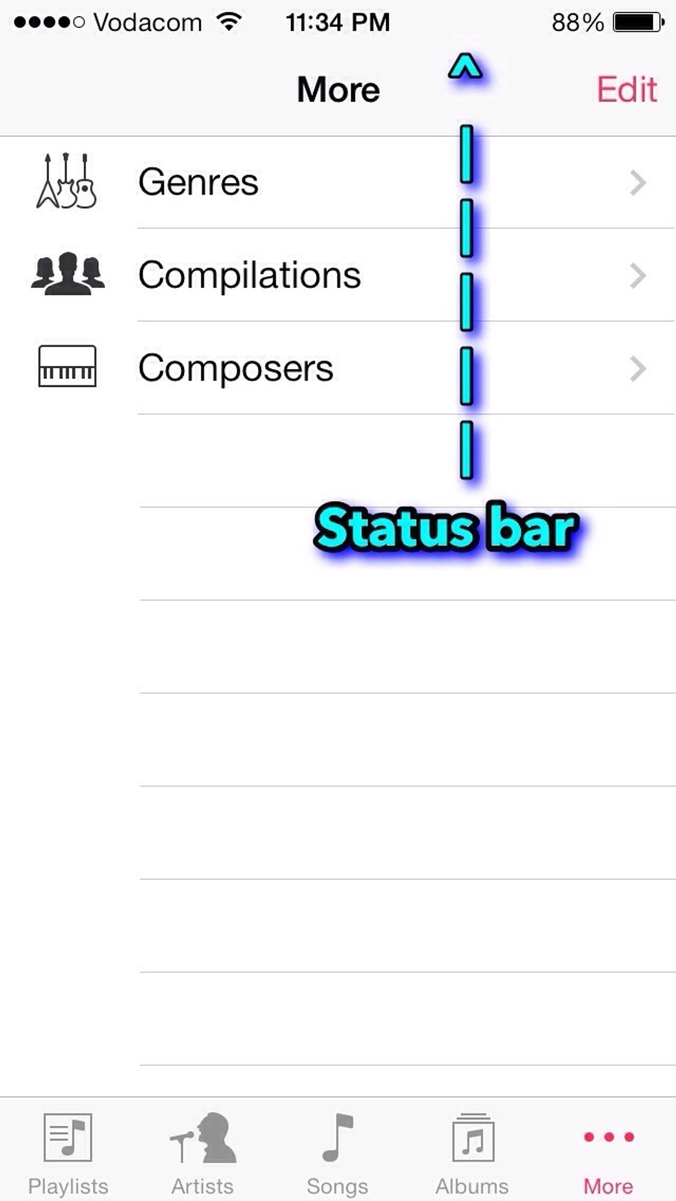 The status bar is were the the time, battery life and carrier name is displayed.