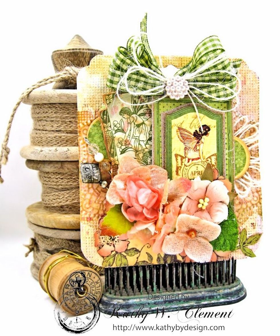 The steps are the same for this tag, only I added Moss Gingham ribbon to the top, and used Petaloo Beaded Hat Pins.