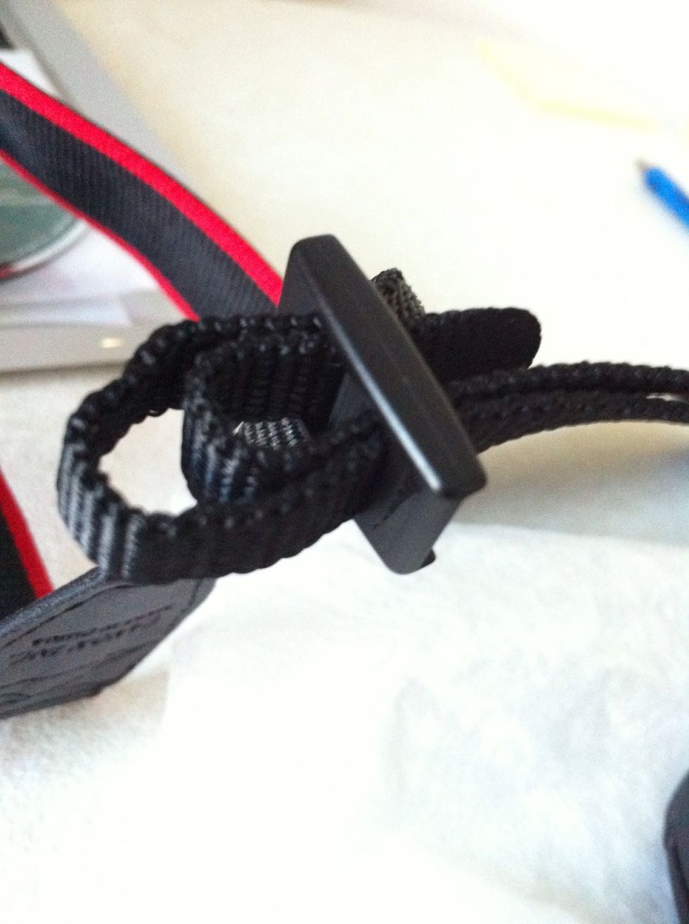 The strap will go through the plastic tighter that will hold the strap