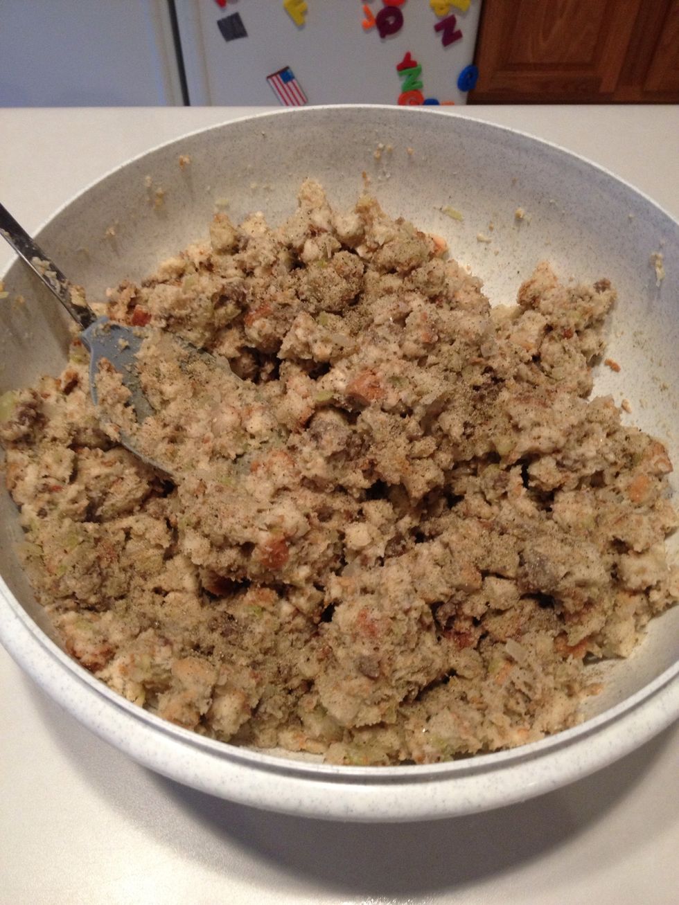 The stuffing should be thick and sticky and look like this.  Add a little bit of salt and pepper, too.