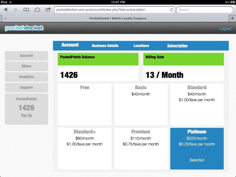 The subscription tab keeps track of your PocketPoints balance as well as your subscription package. The billing date is which day of the month we invoice you for your subscription.