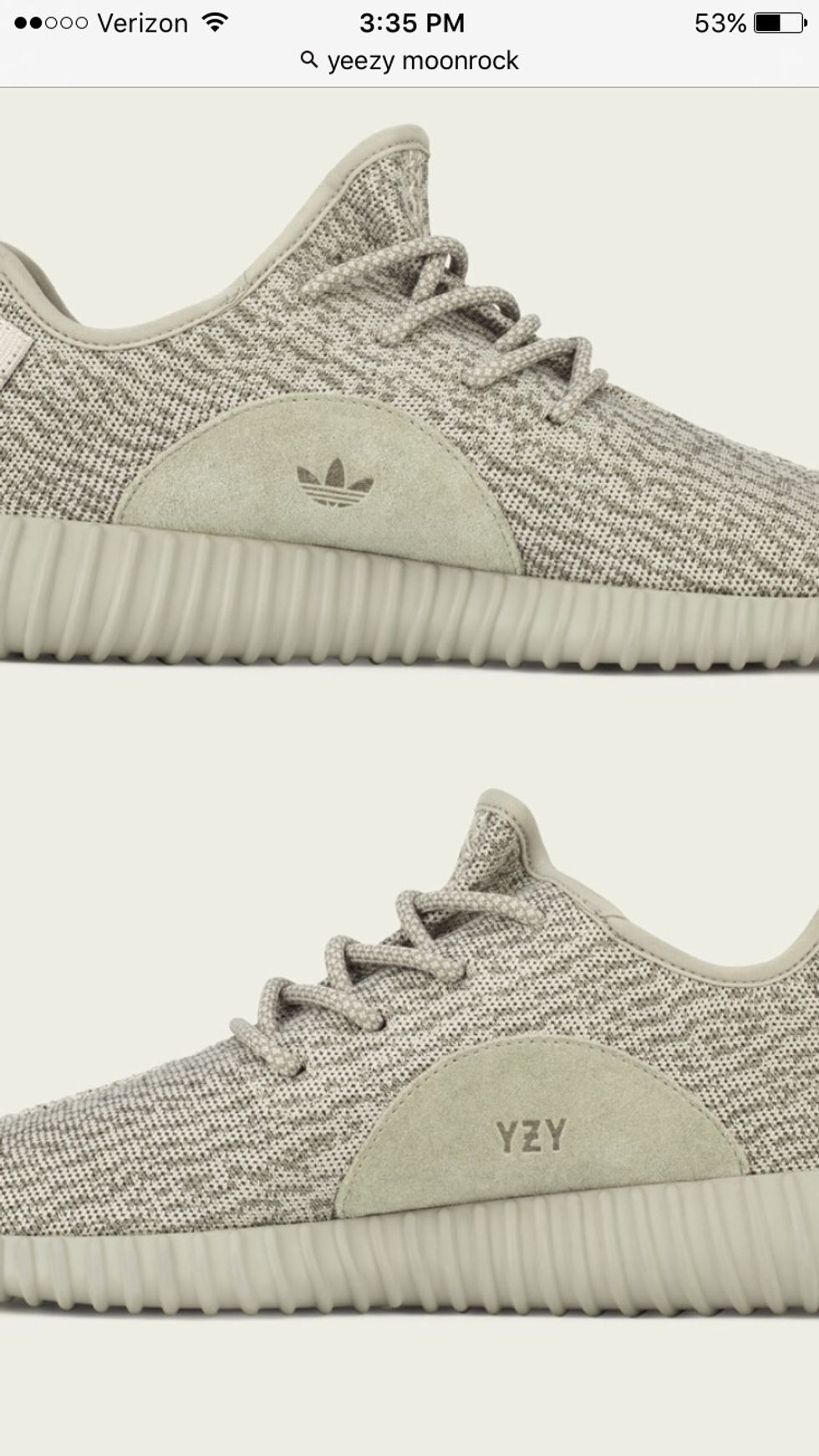 The suede patches should be a uniform color to the shoe (in this case, it's moonrock). They should not be brown or any other color. The "YZY" and adidas originals logo should not be a huge size font.