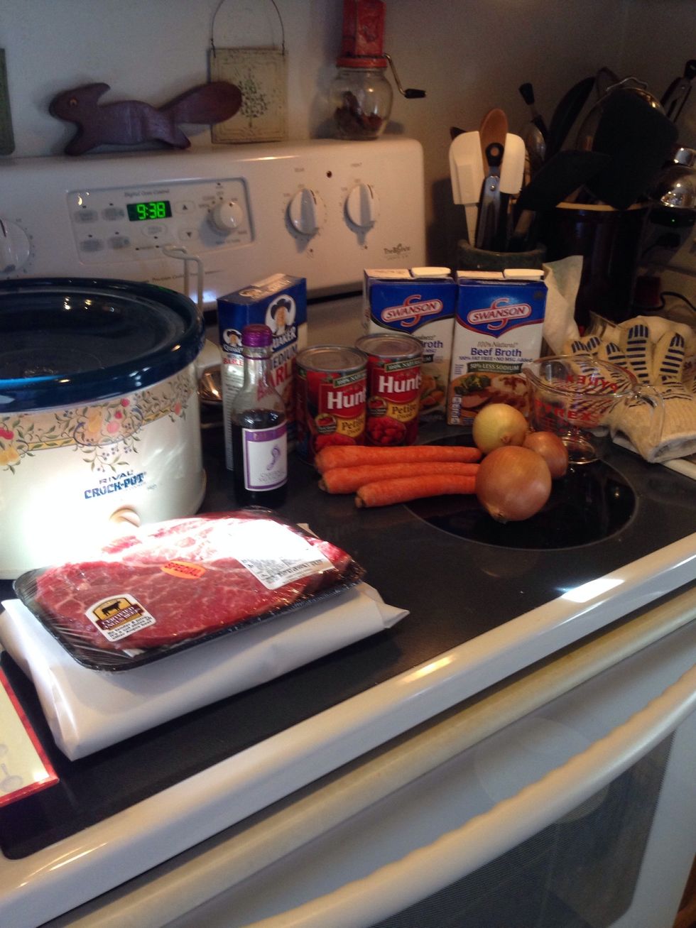The supplies you'll need. I used chuck steak instead of a roast for convenience, and I also didn't use the parsley because all they had at the grocery looked old & wilted.