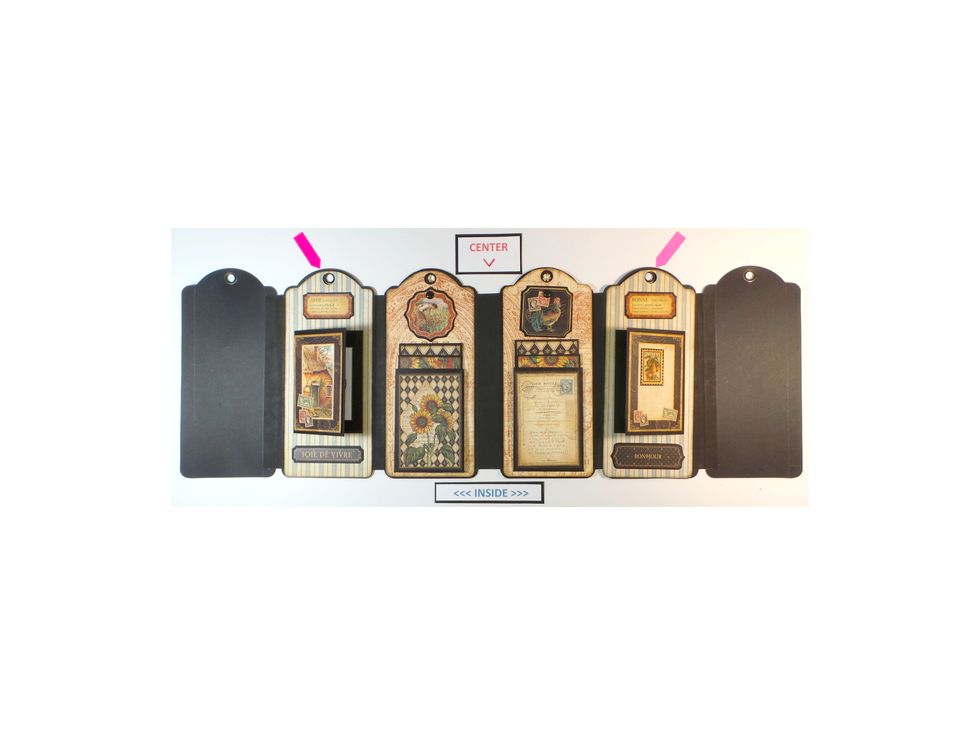 The tags just created get added to the INSIDE of the mini-album next to the the first tags (red arrows). Use Scor-Tape or preferred adhesive to attach. On to the next tags...