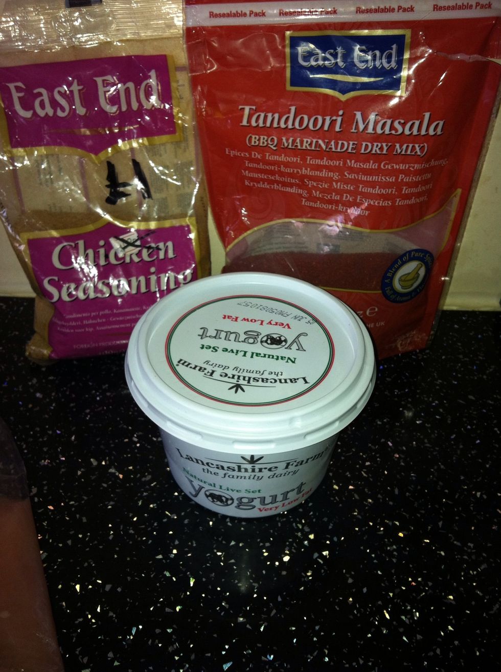 The Tandoori Masala Mix, Chicken Seasoning, Plain Yogurt. I used 0% Fat Greek Yogurt, but this is just as good.