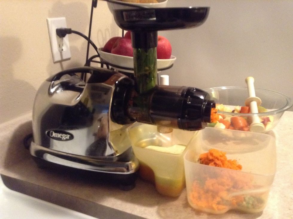 The the Spinich when you're almost done with the apples and onto the carrots. The healing enzymes and nutrients in the greens die very quickly, so you want to juice them almost last and drink quickly